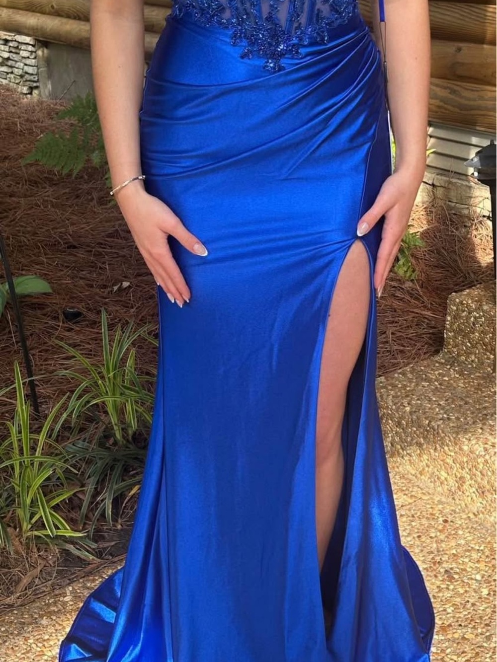 New Clarisse Cobalt Blue Satin Prom Gown with High Side Slit